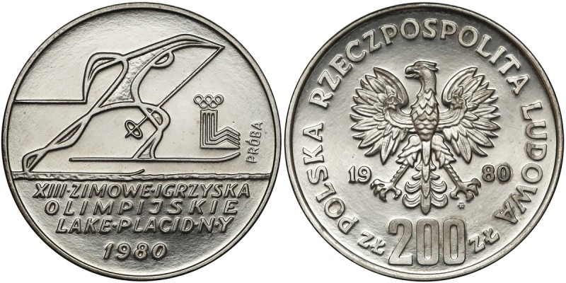 Próba NIKIEL 200 złotych 1980 Lake Placid - narciarz - bez znicza Wyraźny nalot ...