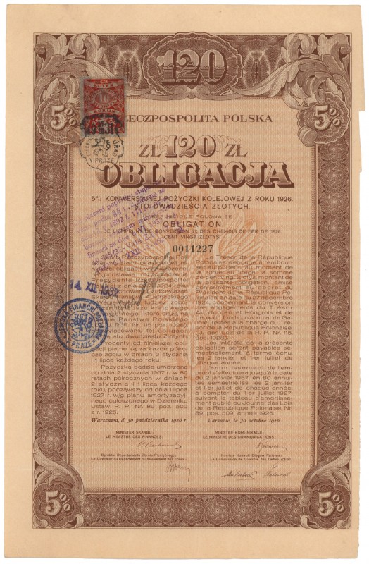 5% Konwersyjna Poż. Kolejowa 1926, Obligacja 120 zł Reference: Bykowski 14.6, Mo...