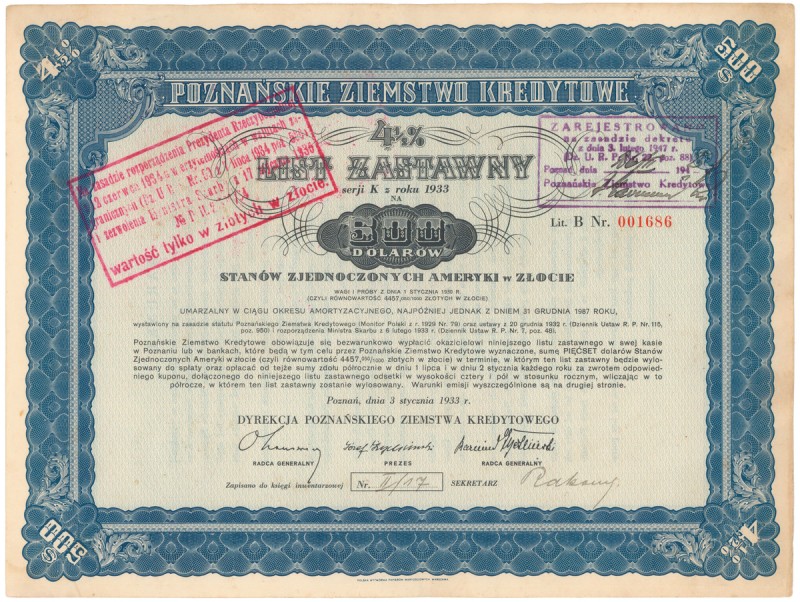 Poznań, PZK, List zastawny 500 dolarów 1933 
Dimensions: 26 x 17

POLAND POLE...