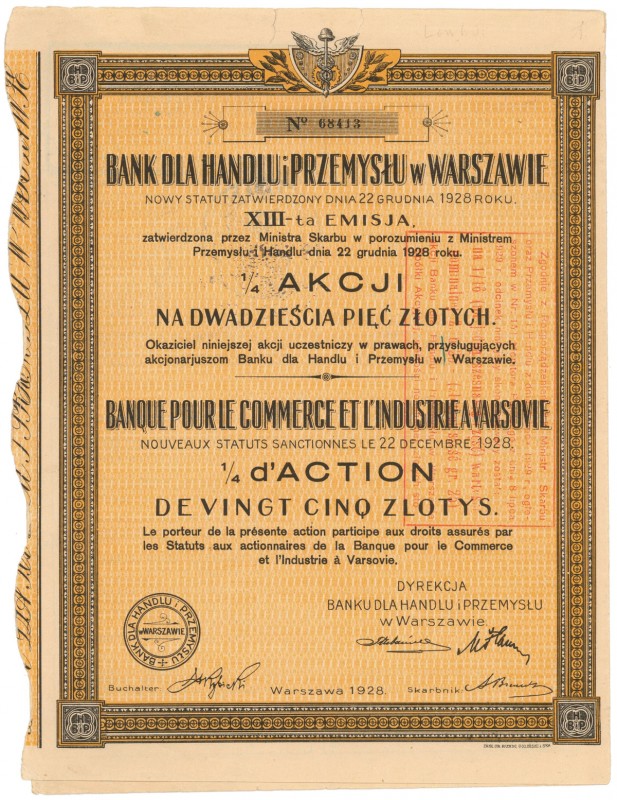 Bank dla Handlu i Przemysłu, Em.13, 1/4 akcji na 25 zł 1928 Reference: IBAP #109...