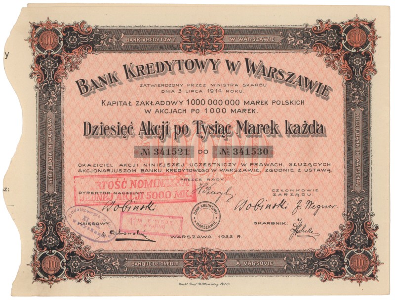 Bank Kredytowy w Warszawie, Em.10, 10x 1.000 mkp Reference: IBAP #1324, Koziorow...