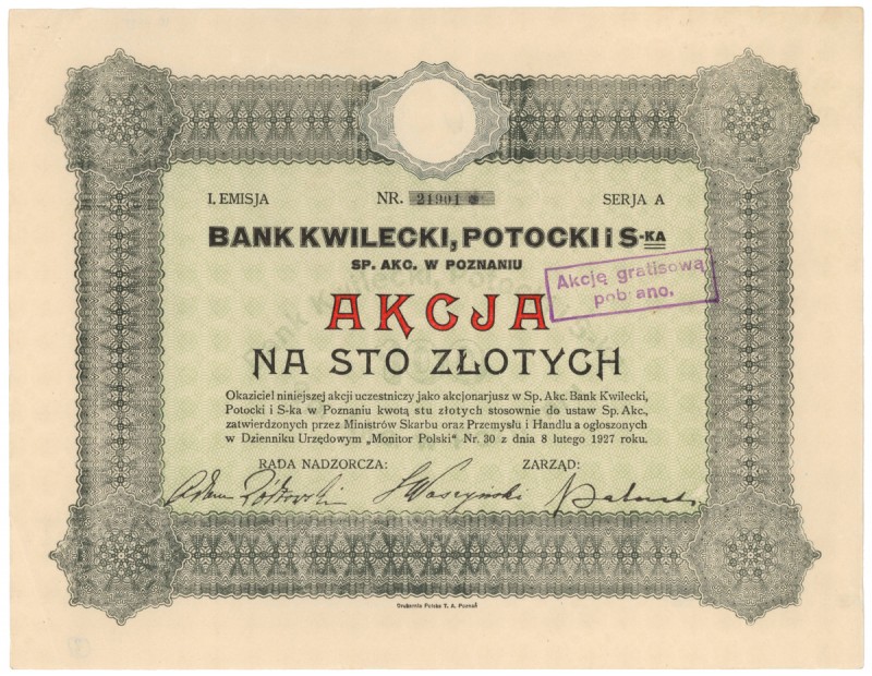 Bank KWILECKI, POTOCKI i S-ka, Em.1, 100 zł Reference: IBAP #1327, Koziorowski 9...