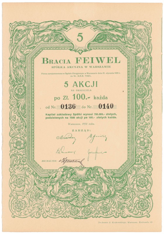 Bracia FEIWEL, 5x 100 zł 1931 Reference: IBAP #818, Koziorowski 181-2, Niegrzybo...