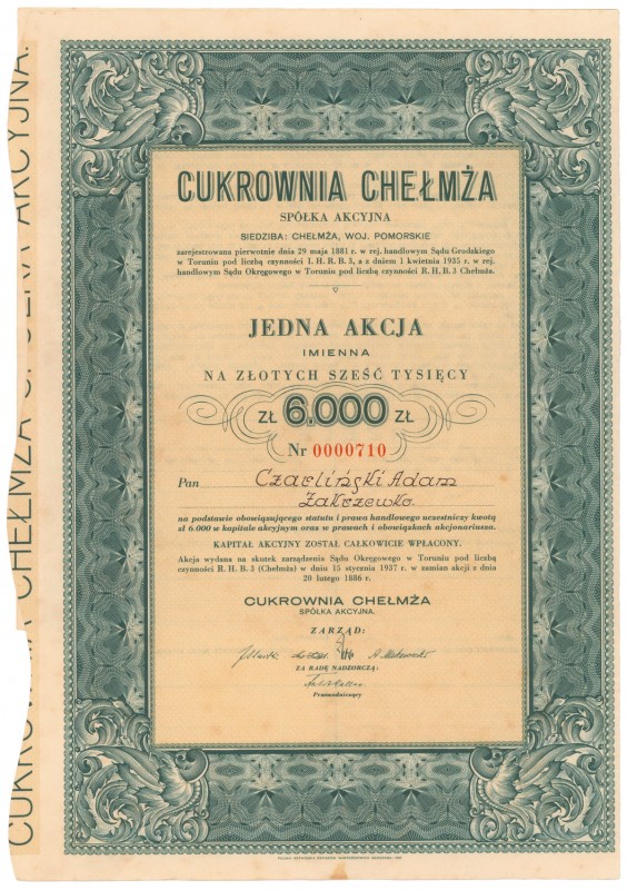 Cukrownia CHEŁMŻA, 6.000 zł Reference: IBAP #546, Koziorowski 255-1, Niegrzybows...