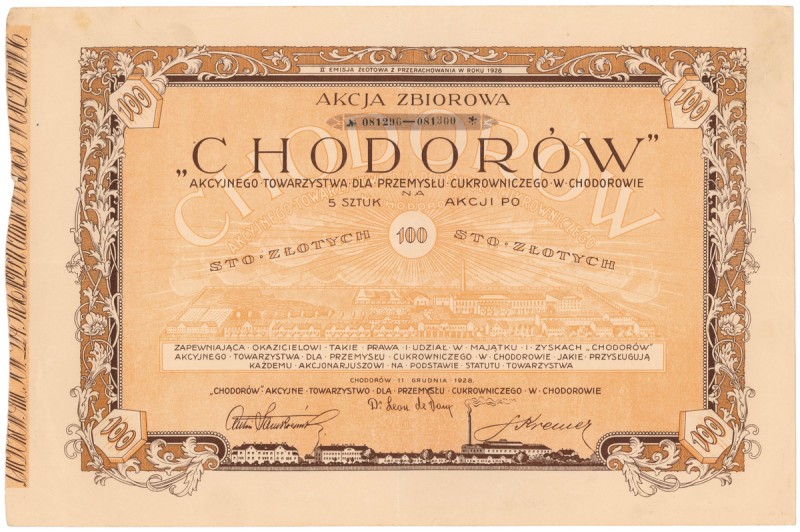 CHODORÓW..., Em.2, 5x 100 zł 1928 Reference: IBAP #514, Koziorowski 471-11, Nieg...