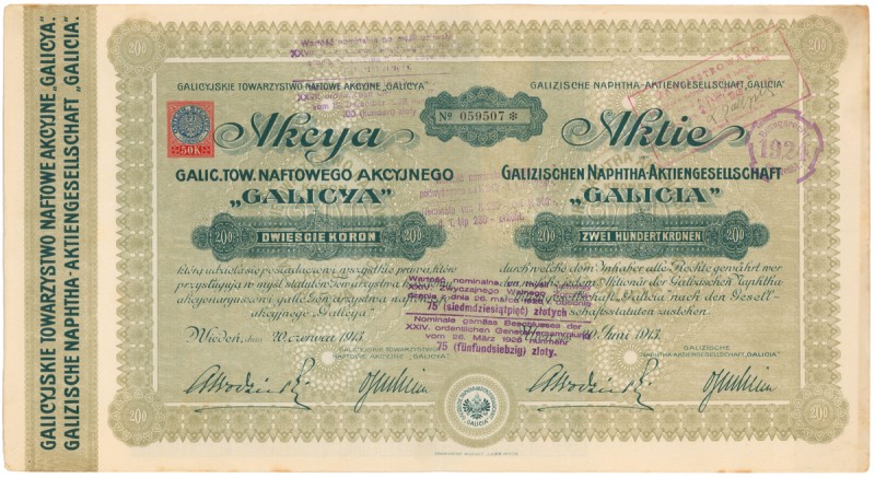 Galicyjskie Tow. Naftowe GALICJA, 200 kr 1913 Reference: IBAP #1417, Koziorowski...