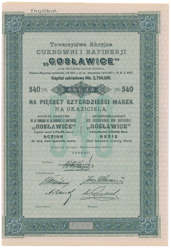 GOSŁAWICE Tow. Akc. Cukrowni i Rafinerji, Em.2, 540 mkp 1917 - Duplikat Referenc...