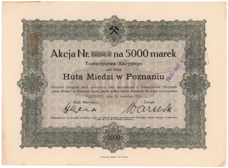 Huta Miedzi w Poznaniu, 5.000 mk 1921 Reference: IBAP #1212, Koziorowski 772-1, ...
