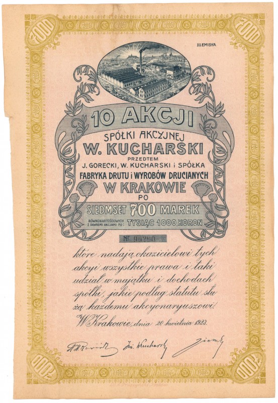 Sp. Akc. W. Kucharski, Em.3, 10x 700 mkp 1923 Reference: IBAP #276, Koziorowski ...