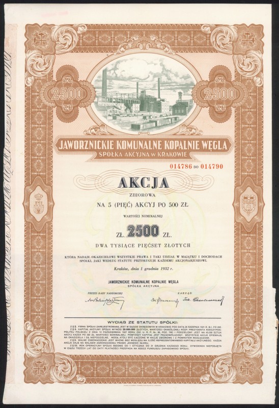 Jaworznickie Komunalne Kopalnie Węgla, 5x 500 zł 1932 Reference: IBAP #1046, Koz...