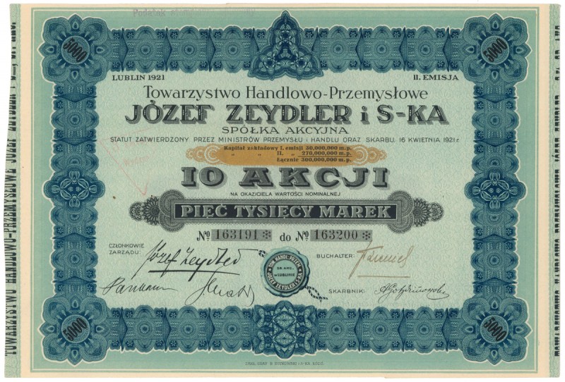 JÓZEF ZEYDLER i S-KA Tow. Handlowo-Przemysłowe, Em.2, 10x 500 mkp 1921 Reference...