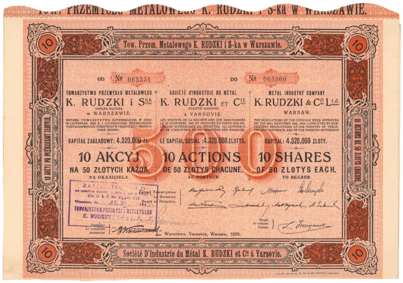 K. RUDZKI i Ska Tow. Przemysłu Metalowego, 10x 50 zł 1926 Dość rzadki, wysoki no...
