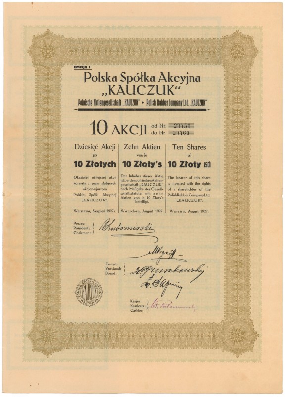 KAUCZUK Polska Sp. Akc., Em.1, 10x 10 zł 1927 Reference: IBAP #595, Koziorowski ...