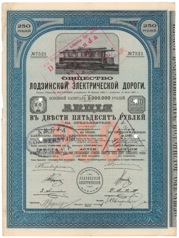 Kolej Elektryczna Łódzka, 250 rubli 1901 Reference: IBAP #661, Koziorowski 846-1...