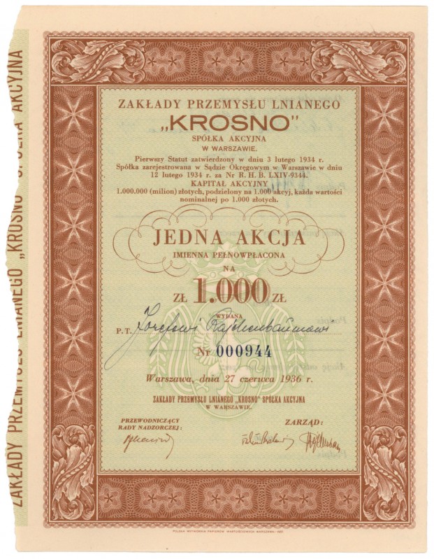 KROSNO Zakłady Przemysłu Lnianego, 1.000 zł 1936 Reference: IBAP #814, Koziorows...