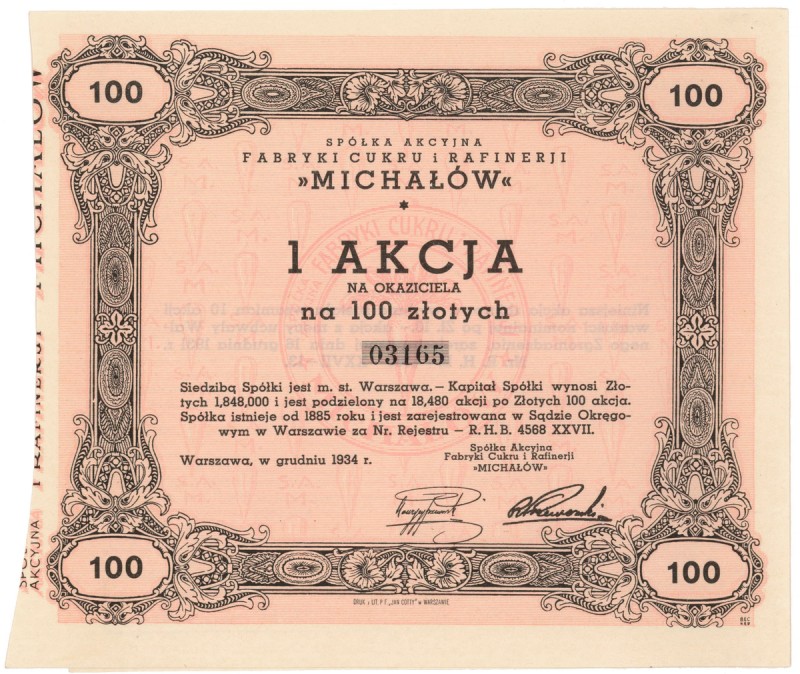 MICHAŁÓW Tow. Akc. Fabryki Cukru i Rafinerji, 100 zł 1934 Reference: IBAP #842, ...