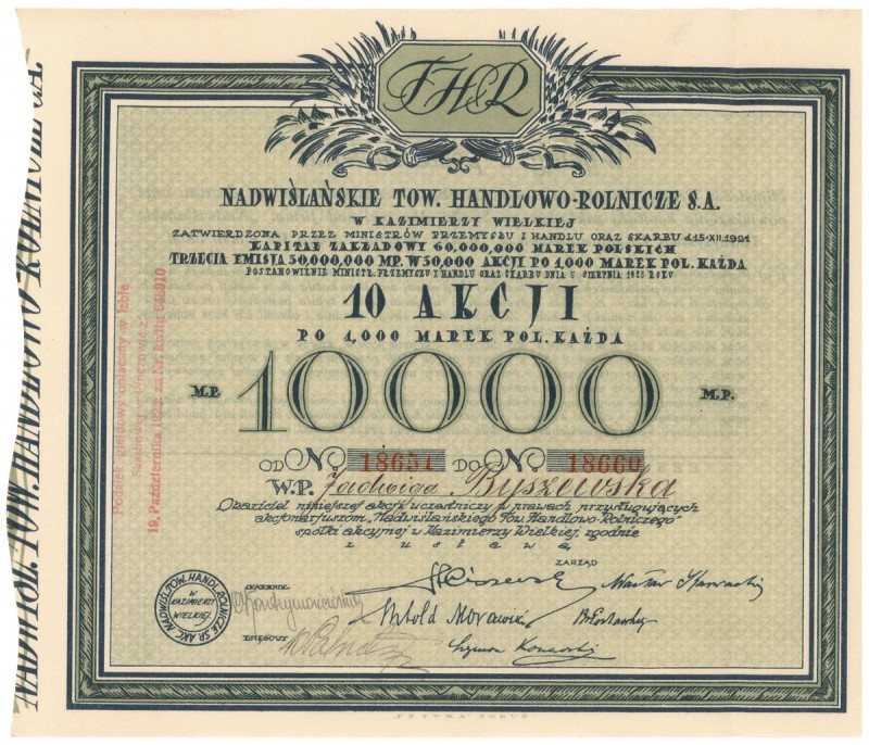Nadwiślańskie Tow. Handlowo-Rolnicze, Em.3, 10x 1.000 mkp Reference: IBAP - nien...