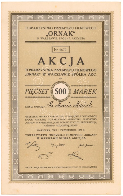 ORNAK Tow. Przemysłu Filmowego, 500 mkp 1920 Reference: IBAP #775, Koziorowski 2...