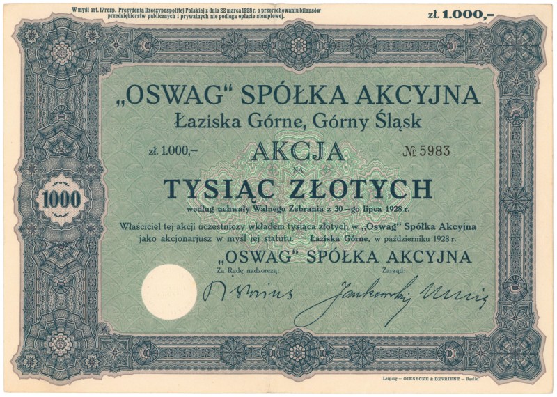 OSWAG Sp. Akc. Łaziska Górne, Górny Śląsk, 1.000 zł Rzadki papier górnośląskiej ...