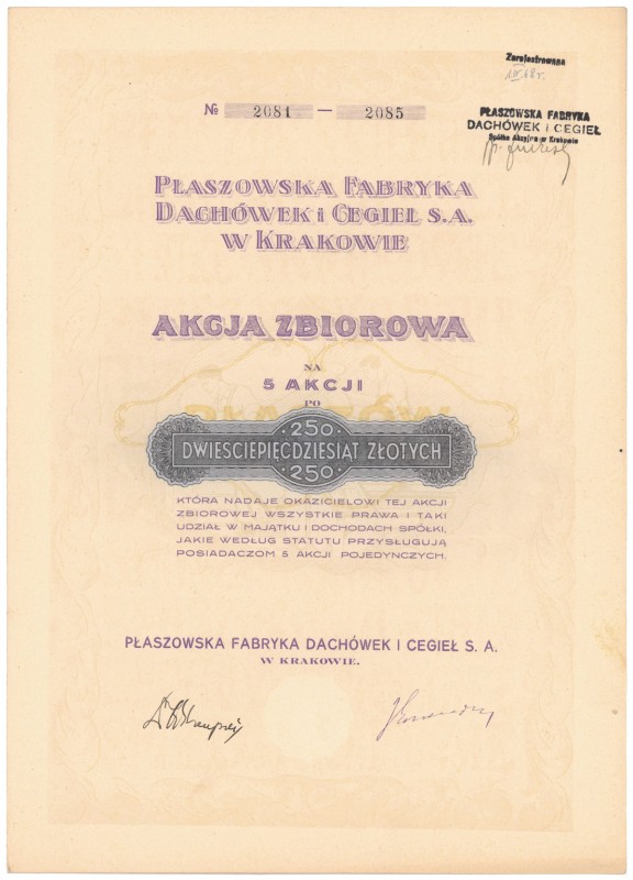 Płaszowska Fabryka Dachówek i Cegieł , 5x 250 zł Reference: IBAP - nienotowana, ...