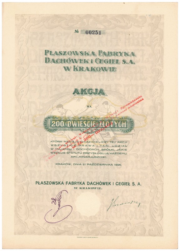 Płaszowska Fabryka Dachówek i Cegieł, 200 zł 1926 - przewalutowania Przewalutowa...