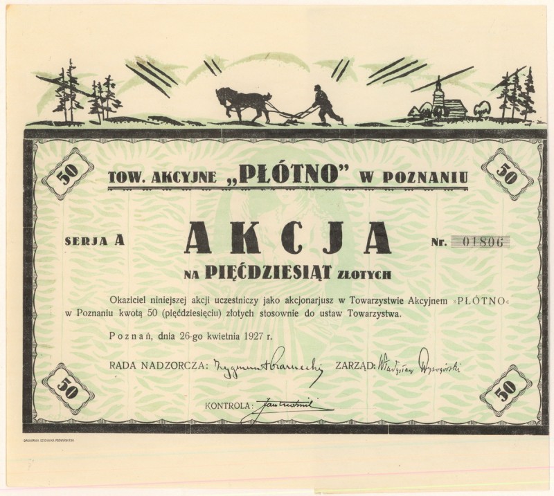 PŁÓTNO Tow. Akc. w Poznaniu, 50 zł 1927 Reference: IBAP #581, Koziorowski 1155-1...