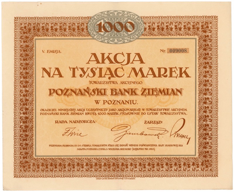 Poznański Bank Ziemian, Em.5, 1.000 mkp Reference: IBAP #1105, Koziorowski 1345-...