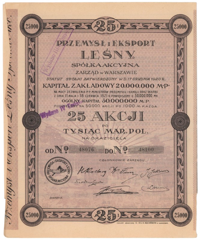 Przemysł i Eksport Leśny, Em.2, 25x 1.000 mkp 1921 Reference: IBAP #1366, Kozior...