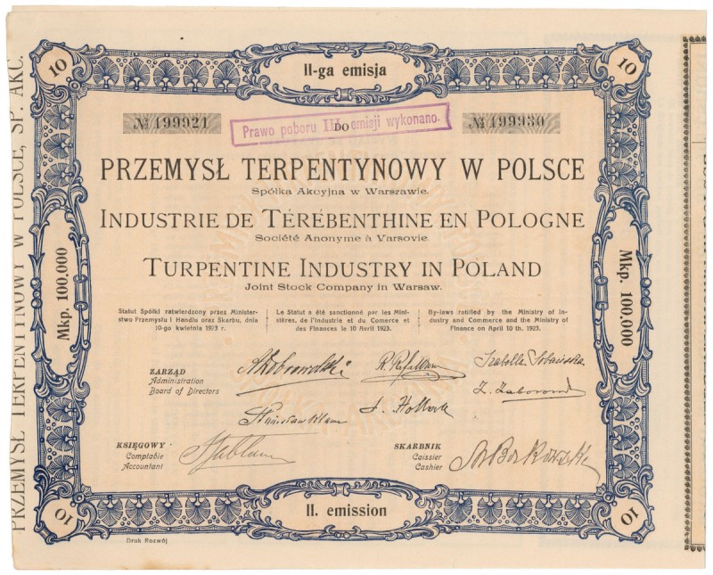 Przemysł Terpentynowy w Polsce, Em.2, 10x 10.000 mk Reference: IBAP #2070, Kozio...