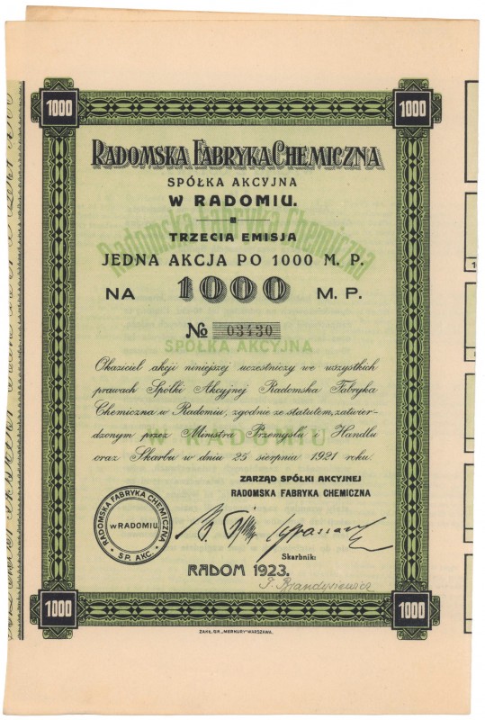 Radomska Fabryka Chemiczna, Em.3, 1.000 mkp 1923 Reference: IBAP #947, Koziorows...