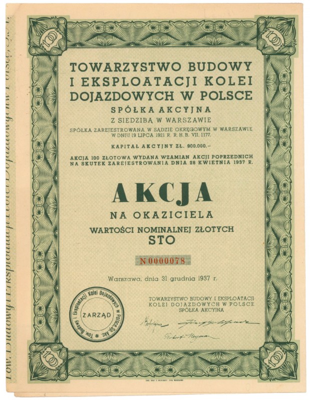 Tow. Budowy i Eksploatacji Kolei Dojazdowych w Polsce, 100 zł 1937 Reference: IB...