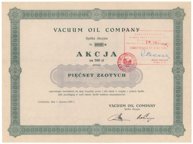 VACUUM OIL COMPANY, 500 zł 1930 Reference: IBAP #1047, Koziorowski 2151-1, Niegr...