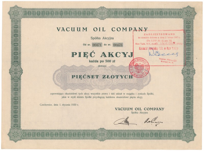 VACUUM OIL COMPANY, 5x 500 zł 1930 Reference: IBAP #1048, Koziorowski 2151-2, Ni...