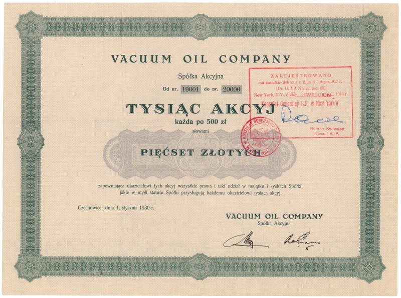 VACUUM OIL COMPANY, 1.000x 500 zł 1930 Najwyższy nominał emisji. Jedna z nielicz...