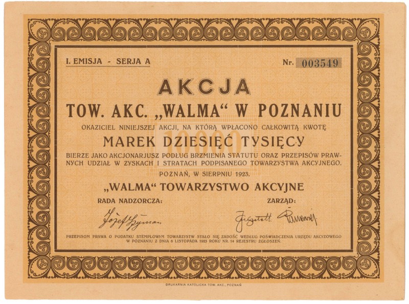 WALMA Tow. Akc. w Poznaniu, Em.1, 10.000 mkp 1923 Reference: IBAP #1202, Kozioro...