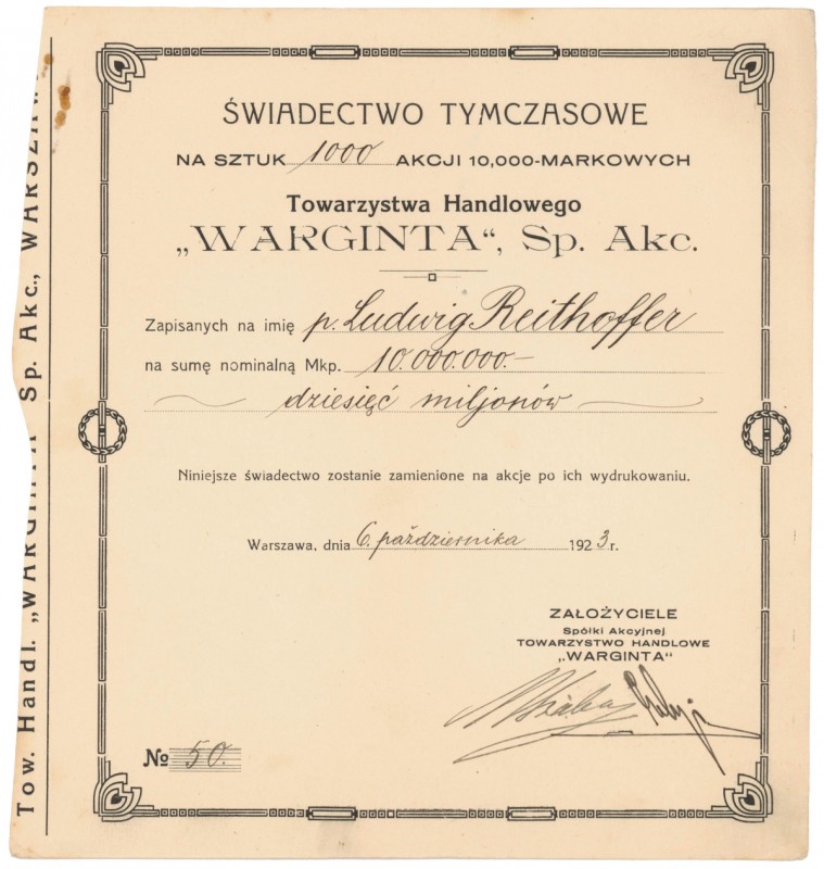 WARGINTA, Świadectwo tymczasowe 1.000x 10.000 mk 1923 Reference: IPAB #1554, Koz...