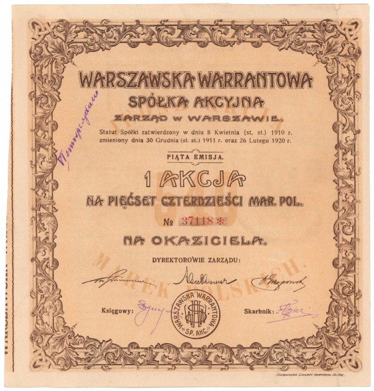 Warszawska Warrantowa Sp. Akc., Em.5, 540 mkp 1922 Reference: IBAP #978, Kozioro...