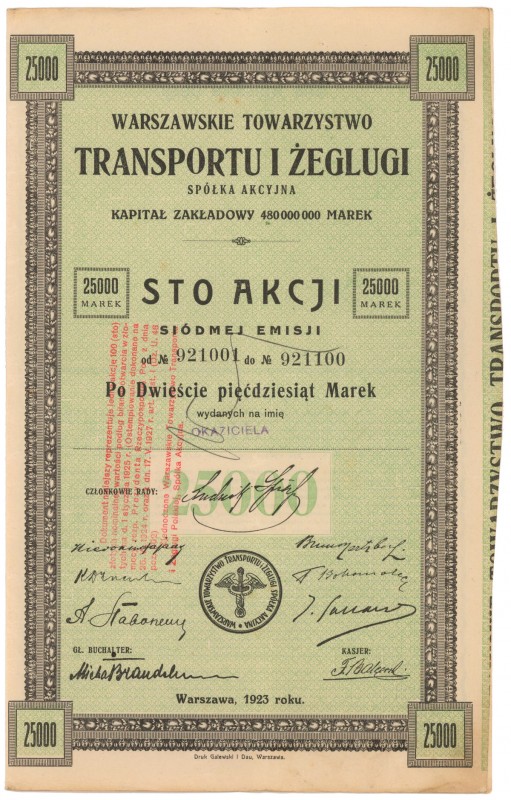 Warszawskie Tow. Transportu i Żeglugi, Em.7, 100x 250 mkp 1923 Reference: IBAP #...