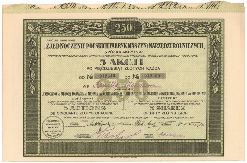 Zjednoczenie Polskich Fabryk Maszyn i Narzędzi Rolniczych, 5x 50 zł 1921 Referen...