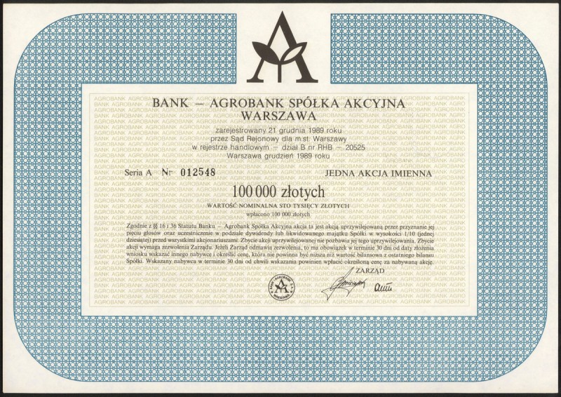 AGROBANK w Warszawie, 100.000 zł Wymiary: 29 x 20.5 cm.