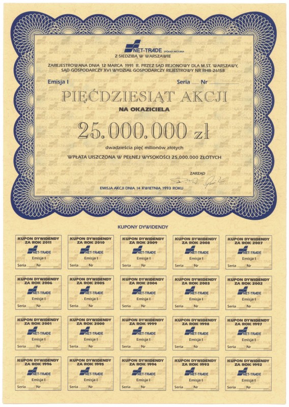 NET-TRADE w Warszawie, Em.1, 50x 500.000 zł 1993 - blankiet Blankiet. Wymiary: 2...