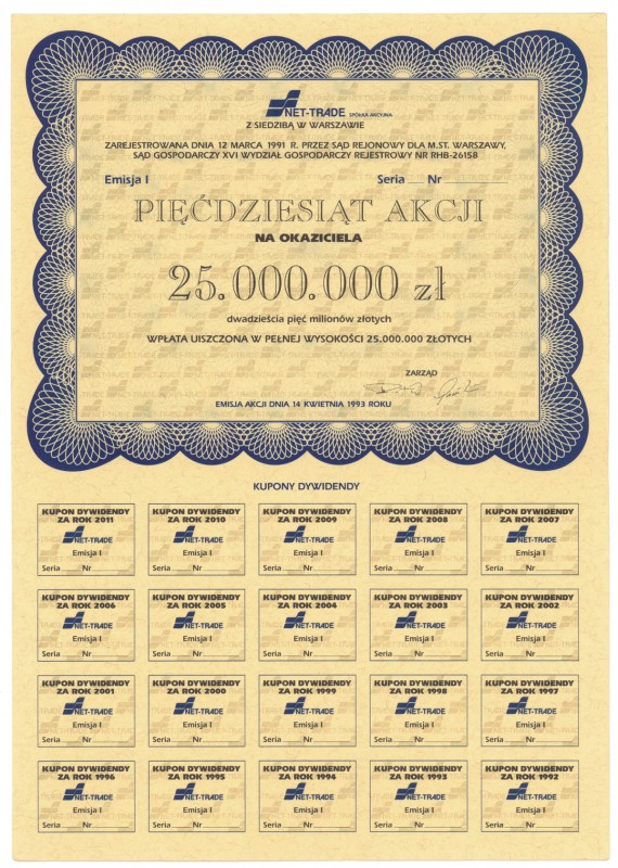 NET-TRADE w Warszawie, Em.1, 50x 500.000 zł 1993 - blankiet Blankiet. Wymiary: 2...