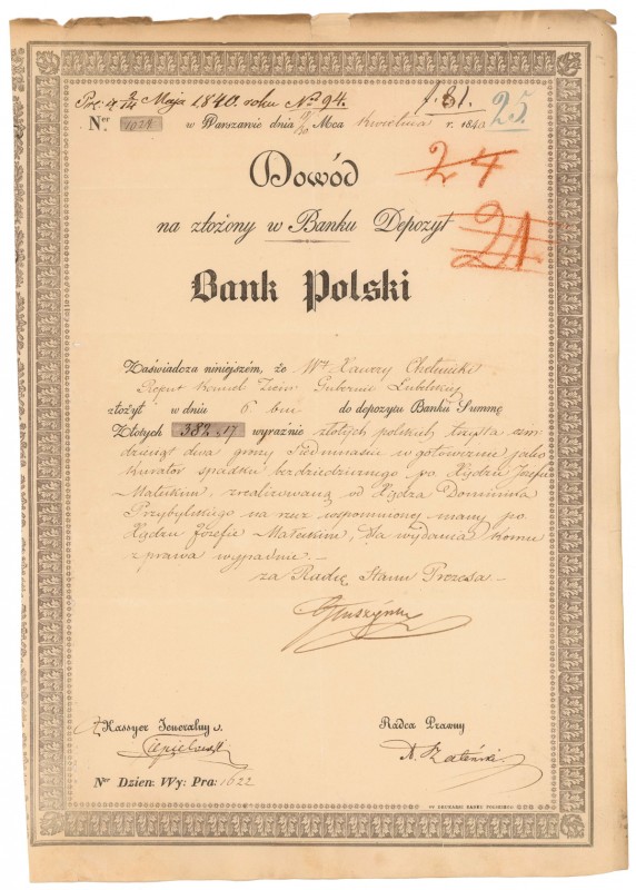 Dowód Depozytowy Banku Polskiego 1840 r. Papier firmowy Banku Polskiego z efekto...