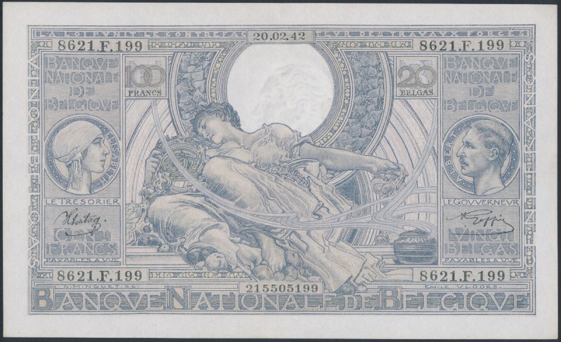 Belgium, 100 Francs = 20 Belgas 1942 Dwa lekkie zgięcia pionowe. Reference: Pick...