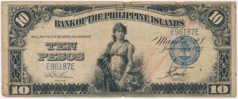 Philippines, 10 Pesos 1933 Reference: Pick 23
Grade: F