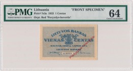 Lithuania, 1 Centas 1922 FRONT SPECIMEN MAX