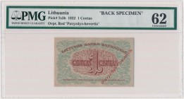 Lithuania, 1 Centas 1922 BACK SPECIMEN