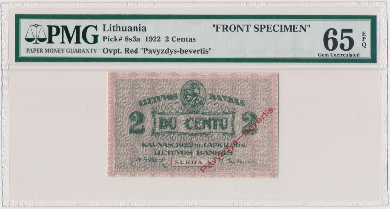 Lithuania, 2 Centu 1922 FRONT SPECIMEN Reference: Pick 8s3a
Grade: PMG 65 EPQ M...