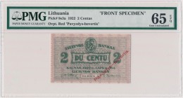 Lithuania, 2 Centu 1922 FRONT SPECIMEN MAX