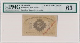Lithuania, 2 Centu 1922 BACK SPECIMEN MAX